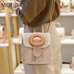 Straw Weave Bucket Backpack Summer Beach Women Female Belt Bucket