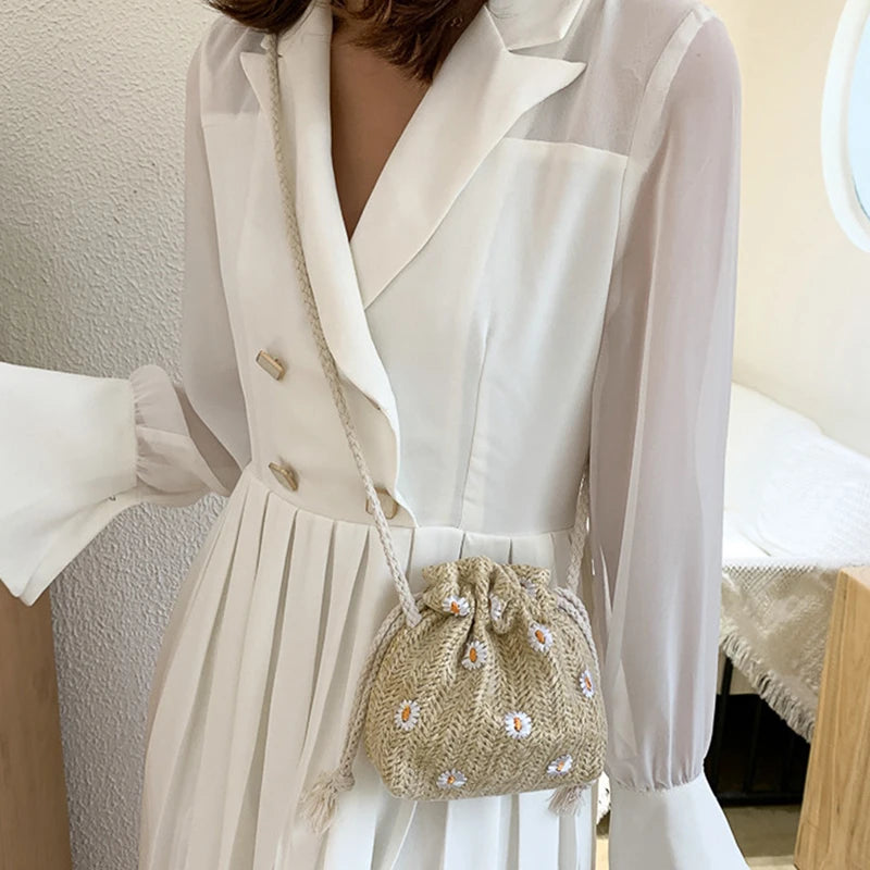 Straw Weave Bucket Bags Rattan Women Summer Beach Shoulder Bags Handbags Totes