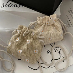 Straw Weave Bucket Bags Rattan Women Summer Beach Shoulder Bags Handbags Totes