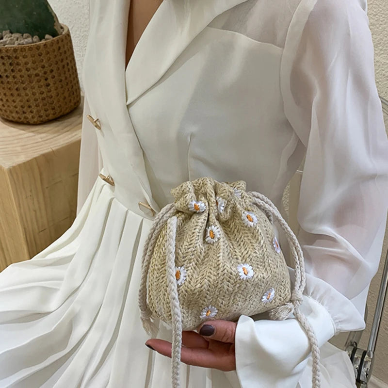 Straw Weave Bucket Bags Rattan Women Summer Beach Shoulder Bags Handbags Totes
