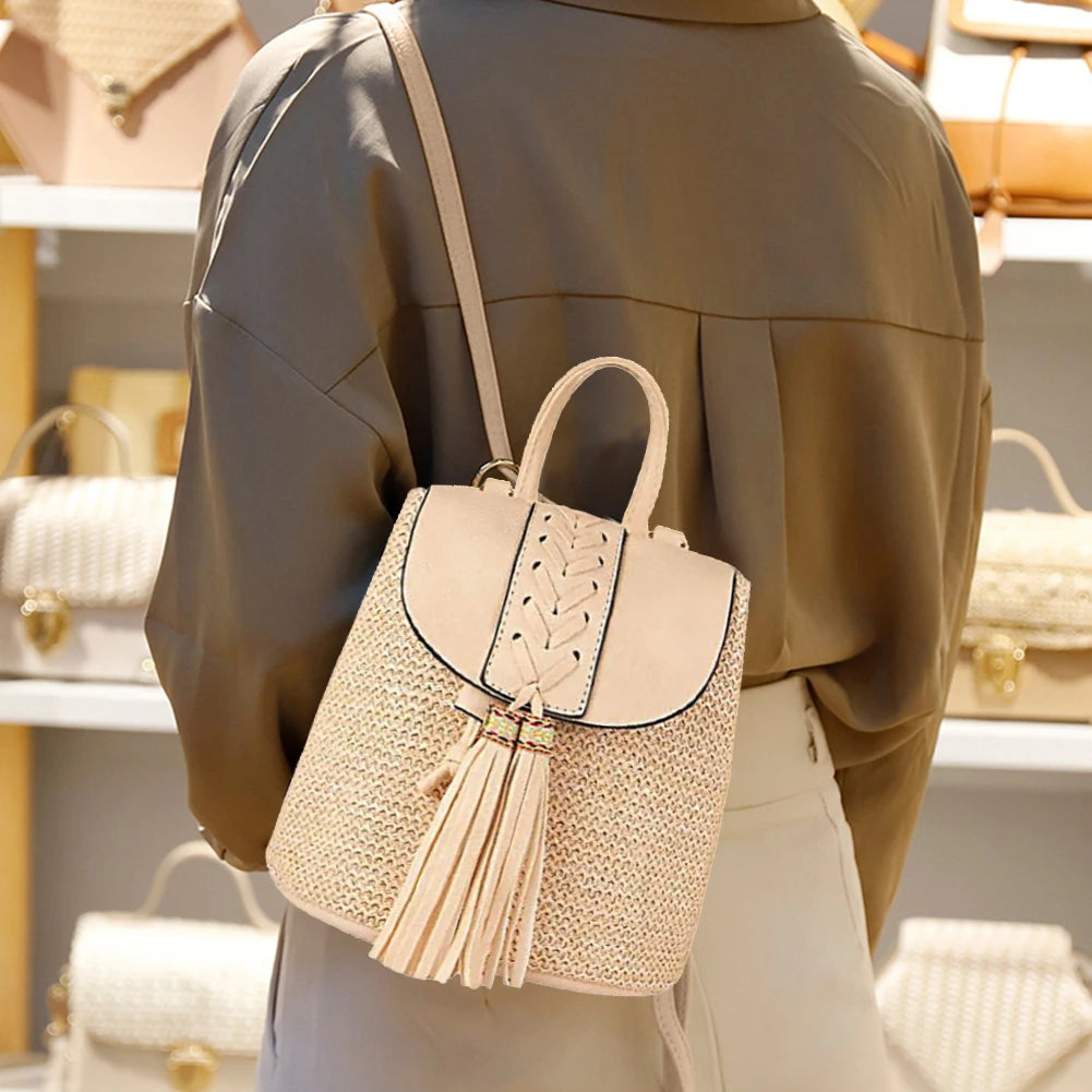 Straw Woven Backpack PU Tassel Travel Shoulder Bags