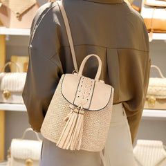 Straw Woven Backpack PU Tassel Travel Shoulder Bags