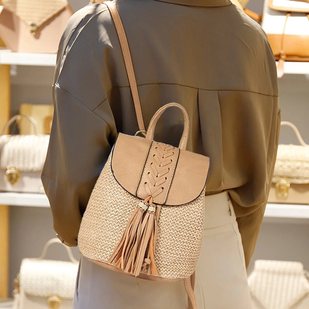 Straw Woven Backpack PU Tassel Travel Shoulder Bags