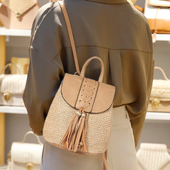 Straw Woven Backpack PU Tassel Travel Shoulder Bags