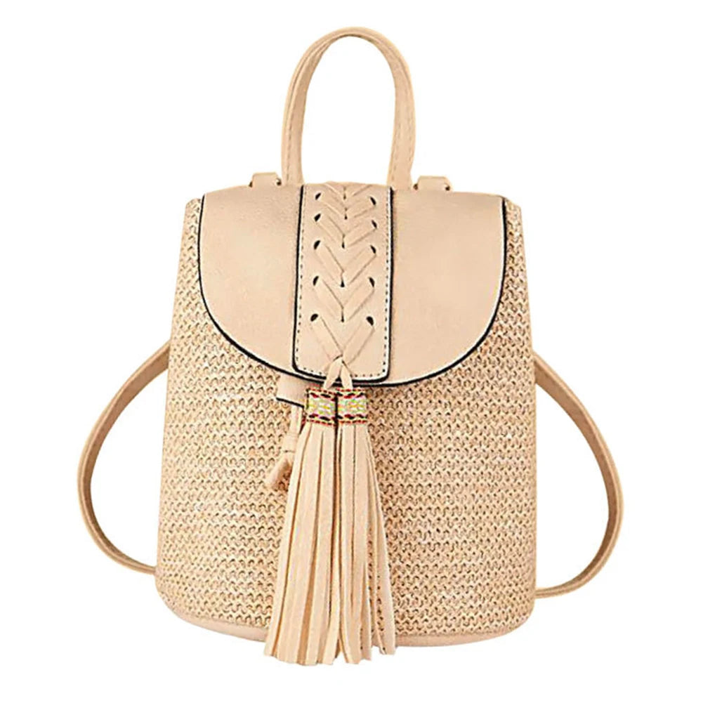 Straw Woven Backpack PU Tassel Travel Shoulder Bags