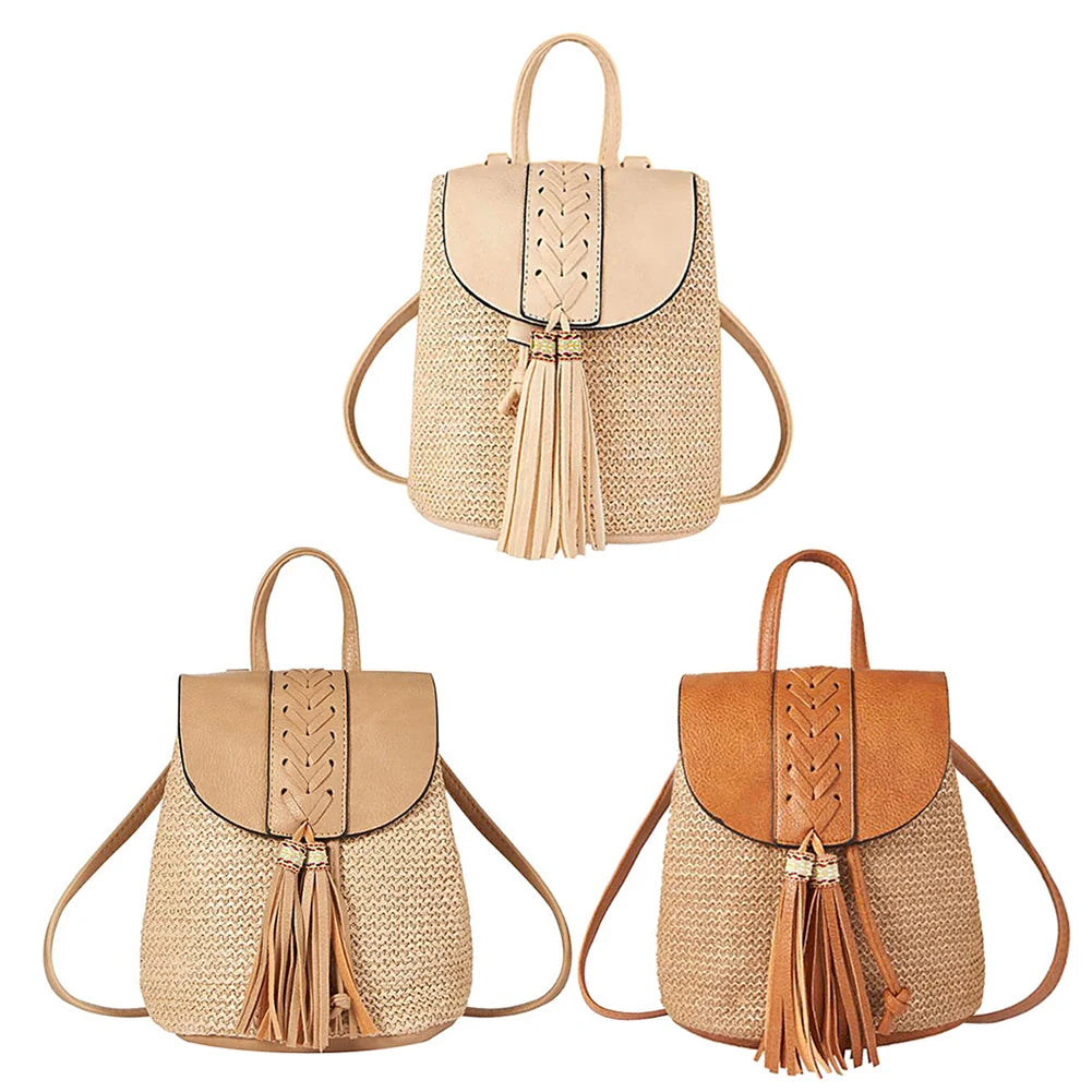 Straw Woven Backpack PU Tassel Travel Shoulder Bags