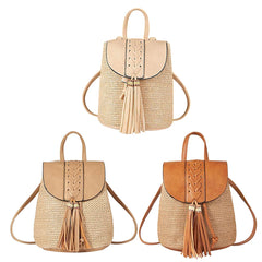 Straw Woven Backpack PU Tassel Travel Shoulder Bags