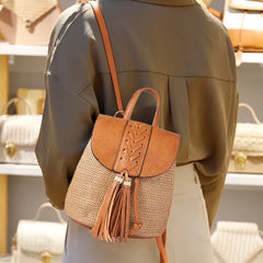 Straw Woven Backpack PU Tassel Travel Shoulder Bags
