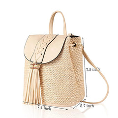 Straw Woven Backpack PU Tassel Travel Shoulder Bags