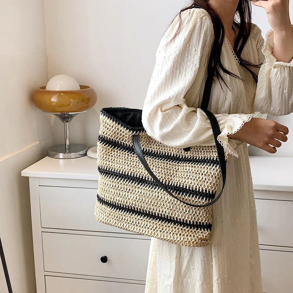 Straw Woven Shoulder Bags for Women Summer Beach Vacation Ladies Travel Totes Ha