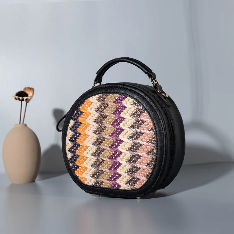 Woven PU Leather Shoulder Bag Round Small Handbag