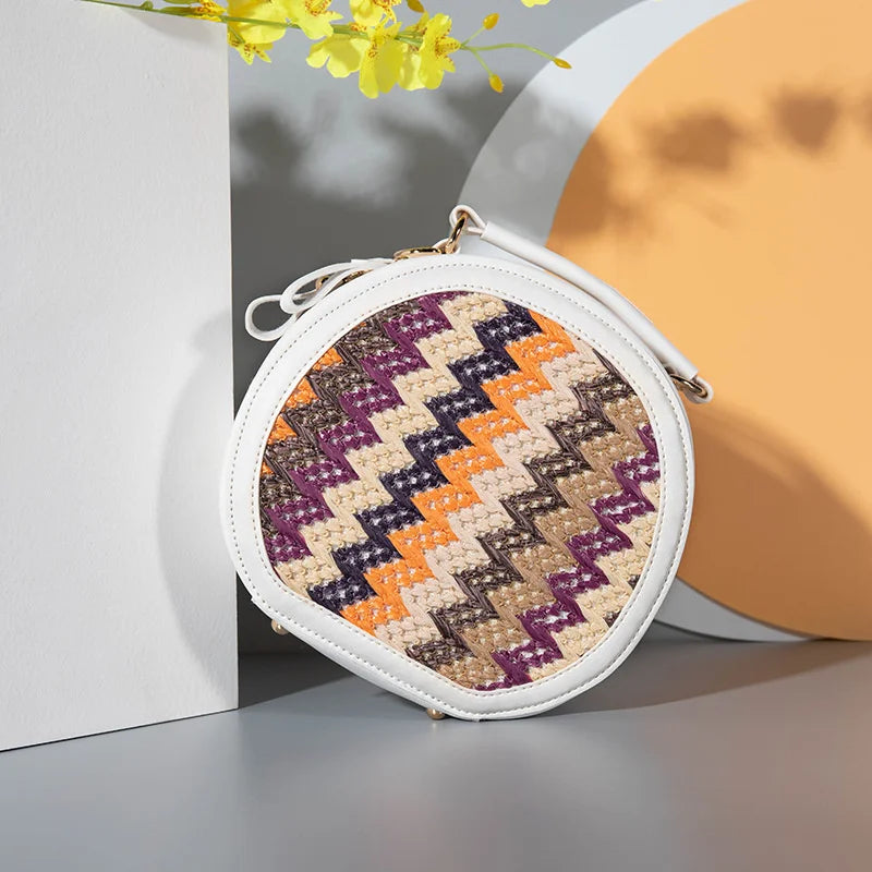 Woven PU Leather Shoulder Bag Round Small Handbag
