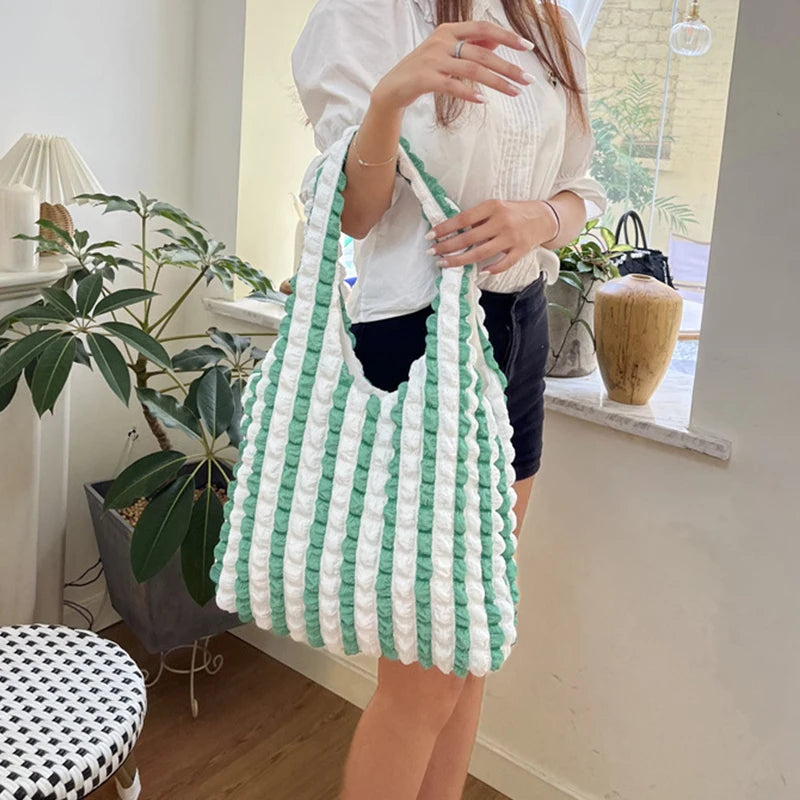 Stripe Bubble Shoulder Bag For Women Large Capacity