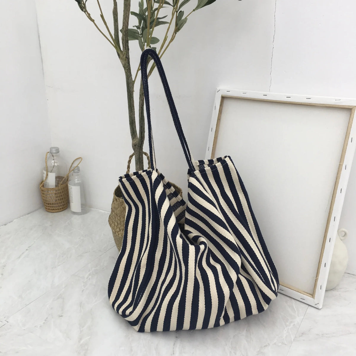 Striped Canvas Shoulder Bag Large Capacity Diagonal Tote Casual Shopping Bag