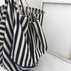 Striped Canvas Shoulder Bag Large Capacity Diagonal Tote Casual Shopping Bag