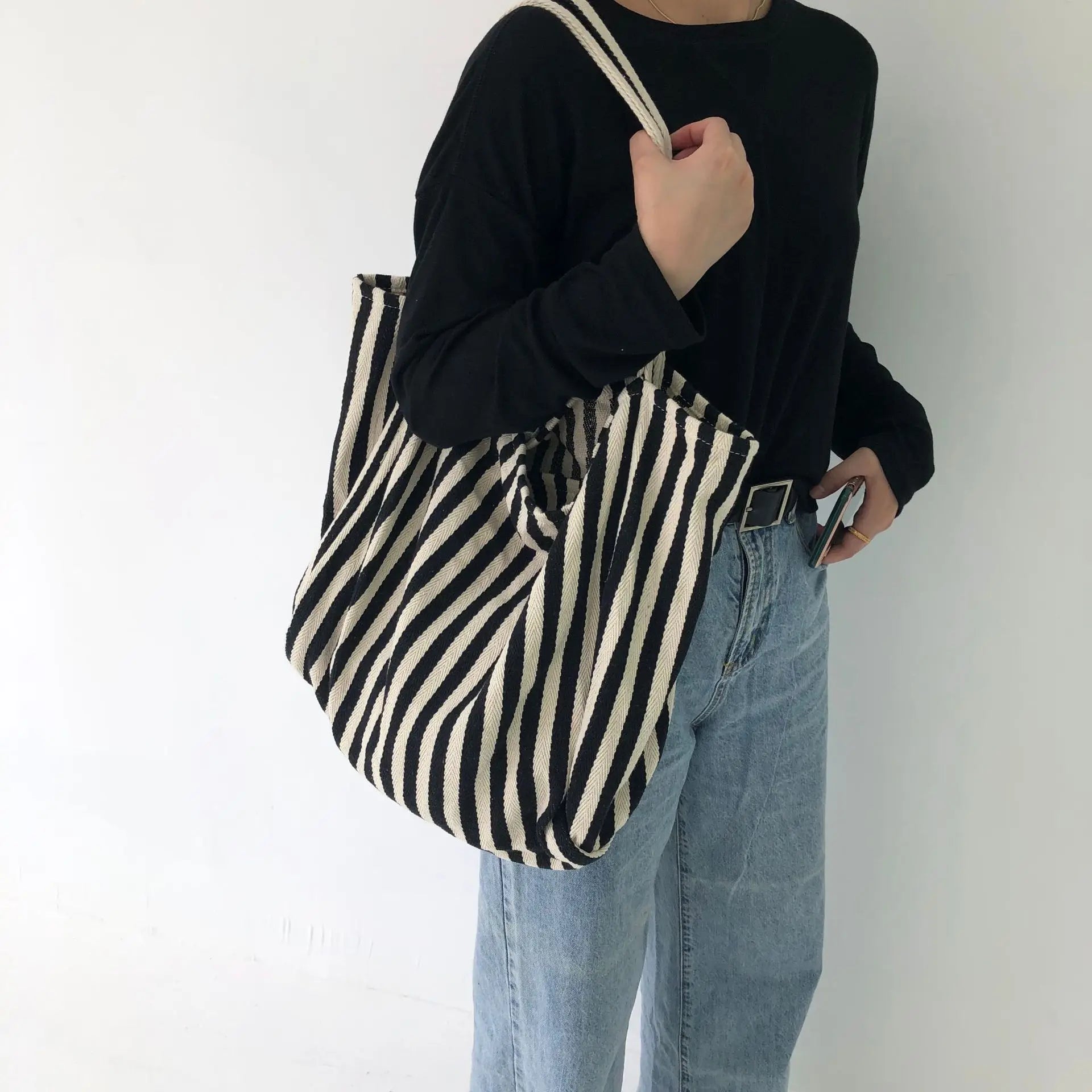 Striped Canvas Shoulder Bag Large Capacity Diagonal Tote Casual Shopping Bag
