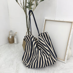 Striped Canvas Shoulder Bag Large Capacity Diagonal Tote Casual Shopping Bag