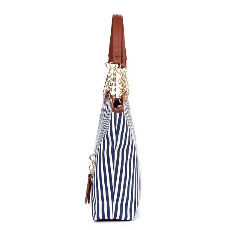 Striped Casual Tote Canvas Handbag Shoulder Shopping Bags Zipper Large Bag