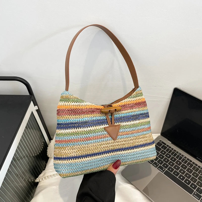 Striped Straw Shoulder Bag For Women Woven Handbag Raffia Rattan Bag