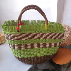Striped Tassel Basket Bag Handbags Beading Beach Bags for Women