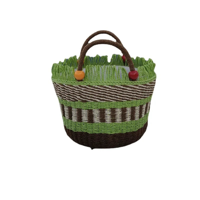 Striped Tassel Basket Bag Handbags Beading Beach Bags for Women
