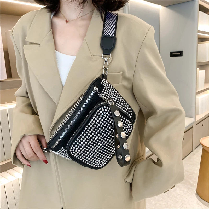 Studded Crossbody Bag Waist Pack PU Leather Chest Bag