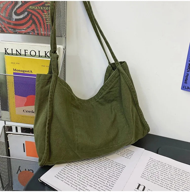Canvas Textile Green Shoulder Bag Y2K Grunge Korea School Book Laptop