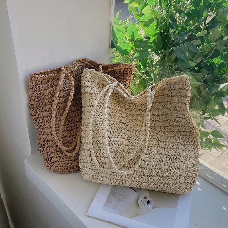Women's Summer Beach Straw Woven Shopper Tote Shoulder Bag