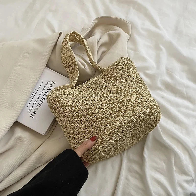 Women Straw Shoulder Bucket Bag Beach Holiday Handbag