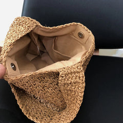 Women Straw Shoulder Bucket Bag Beach Holiday Handbag