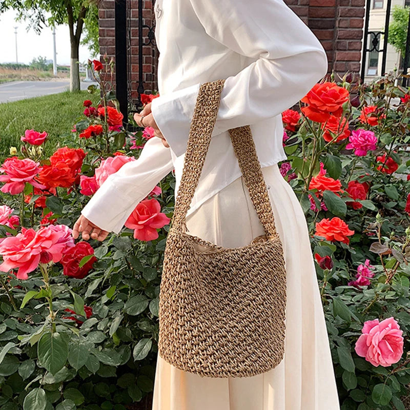 Women Straw Shoulder Bucket Bag Beach Holiday Handbag