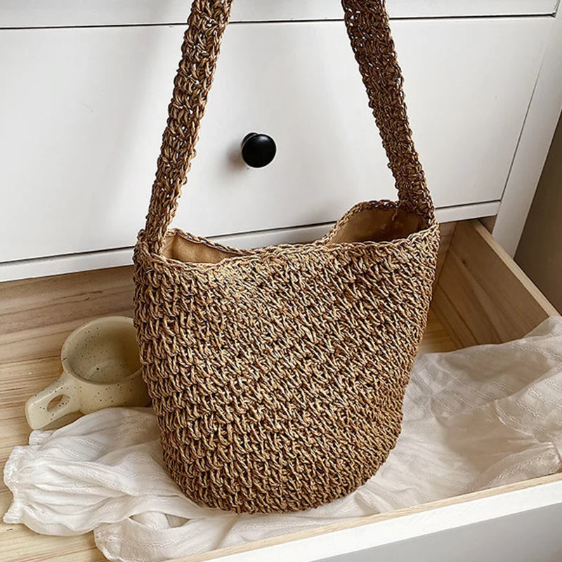 Women Straw Shoulder Bucket Bag Beach Holiday Handbag