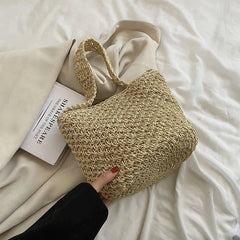 Women Straw Shoulder Bucket Bag Beach Holiday Handbag