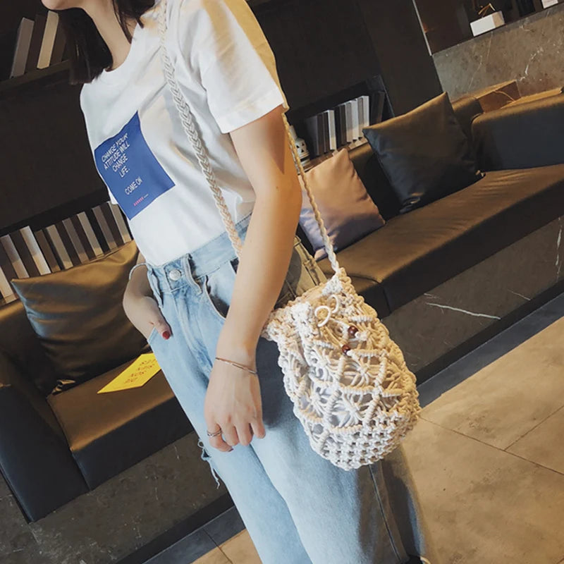 Summer Bucket Crossbody Shoulder Bags Cotton Linen Travel Beach Bag Purse
