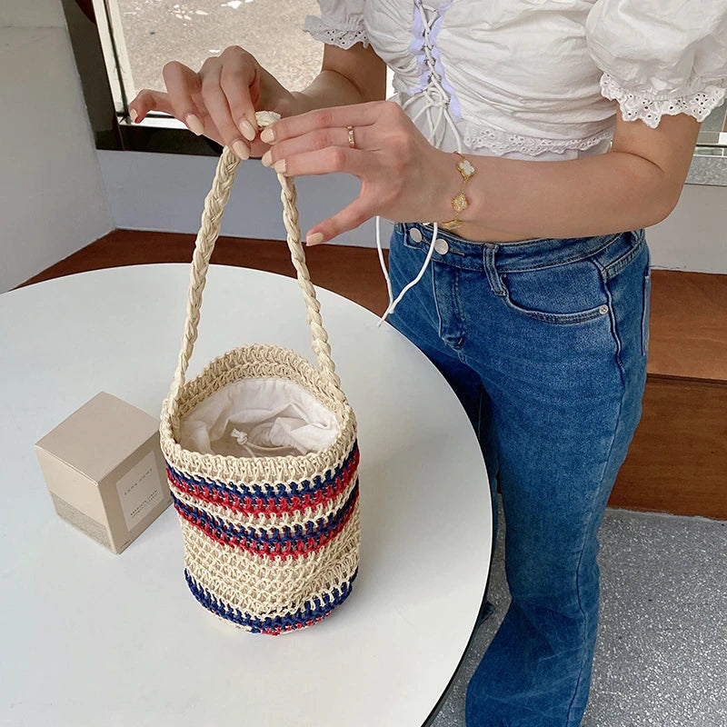 Summer Bucket Shoulder Bag Drawstring Woven Tote