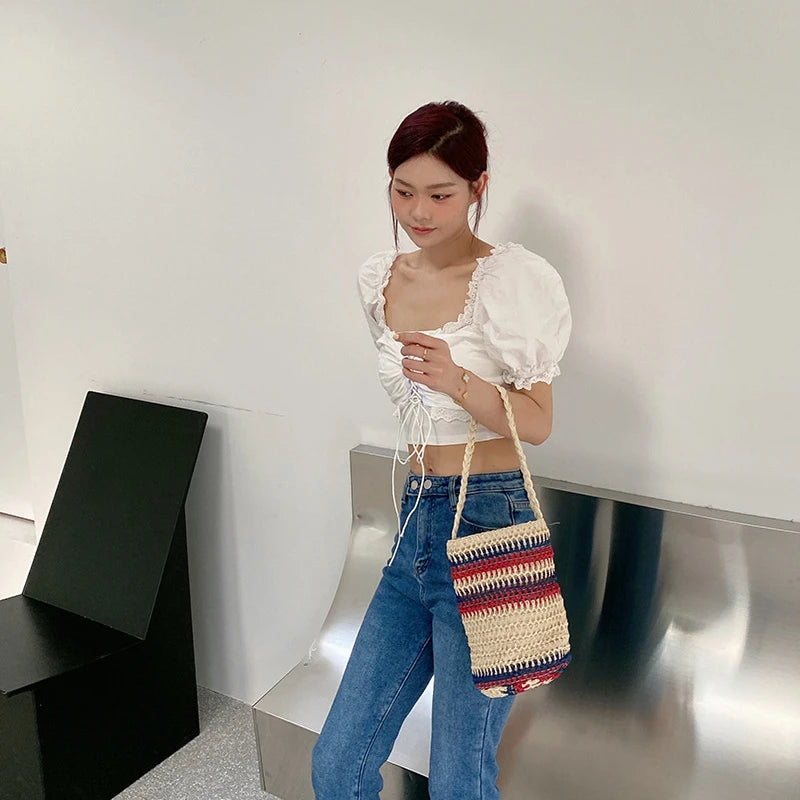Summer Bucket Shoulder Bag Drawstring Woven Tote