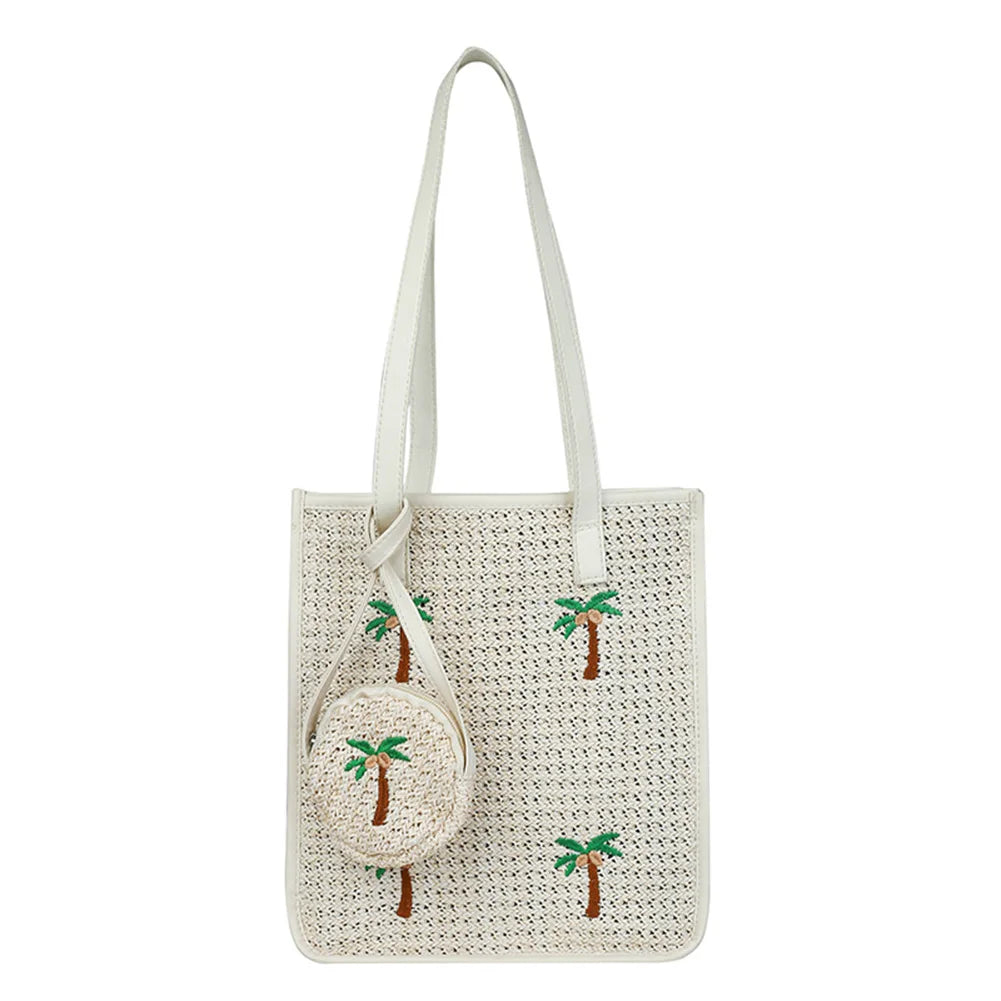 Summer Coconut Embroidery Shoulder Bag Straw Woven Women Totes Bag
