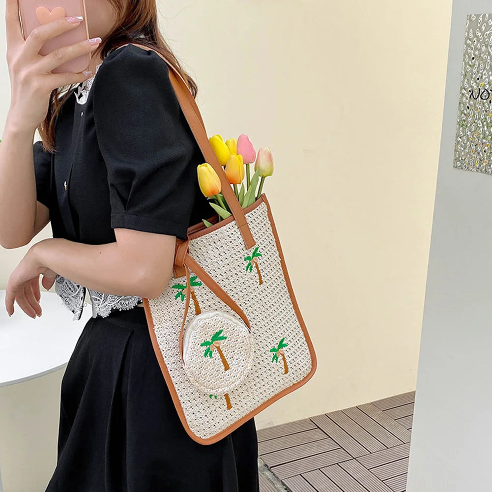 Summer Coconut Embroidery Shoulder Bag Straw Woven Women Totes Bag
