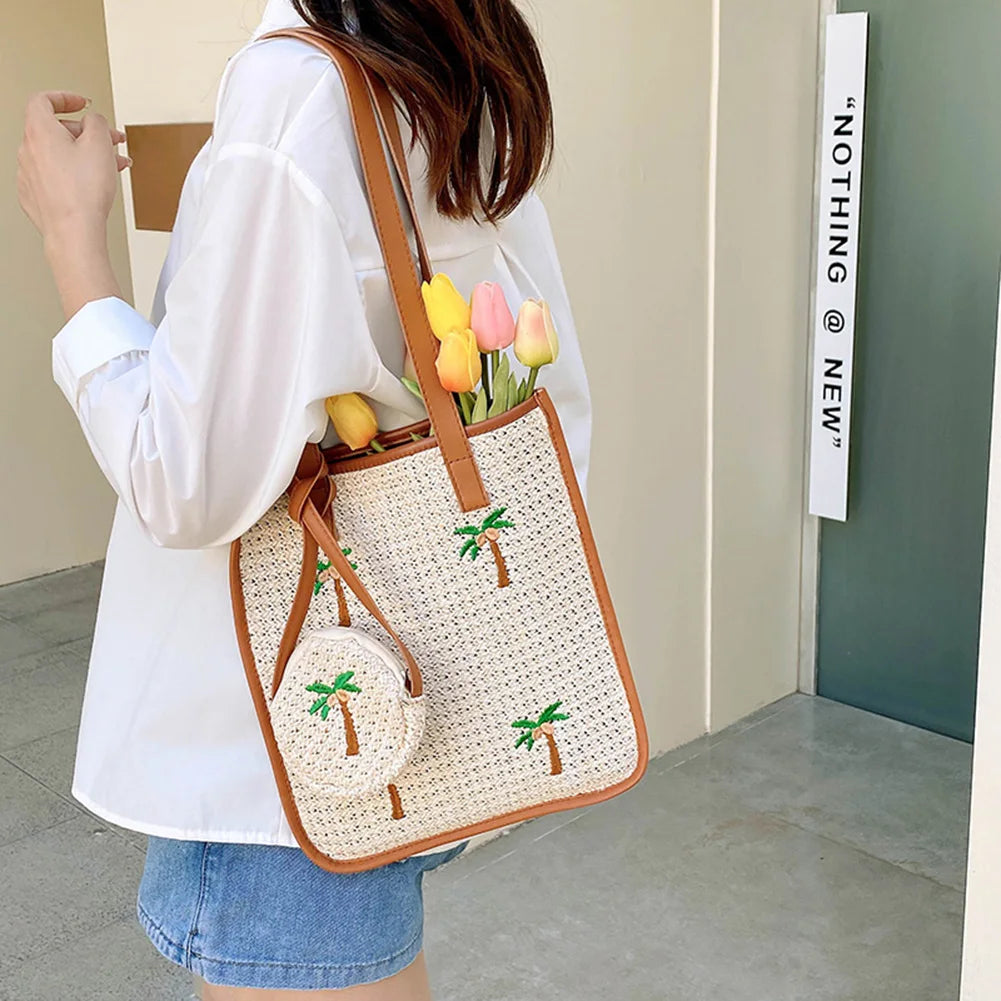 Summer Coconut Embroidery Shoulder Bag Straw Woven Women Totes Bag