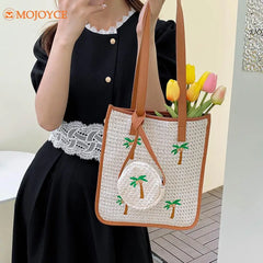 Summer Coconut Embroidery Shoulder Bag Straw Woven Women Totes Bag