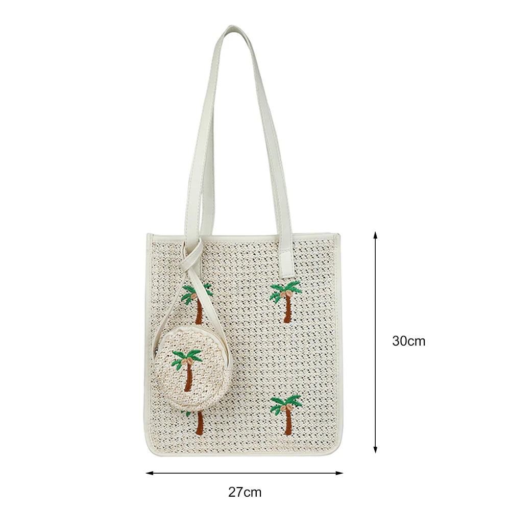 Summer Coconut Embroidery Shoulder Bag Straw Woven Women Totes Bag