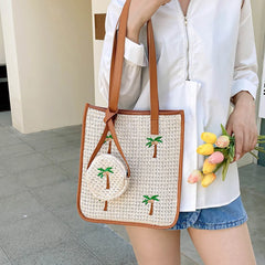 Summer Coconut Embroidery Shoulder Bag Straw Woven Women Totes Bag