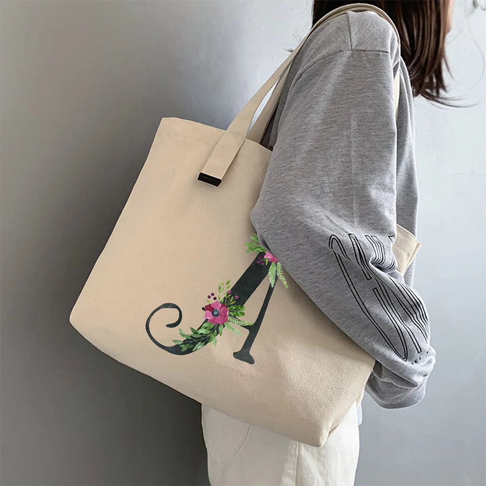 Summer Floral Initial Flower Letter Bolsa Feminina Shoulder Canvas Bag