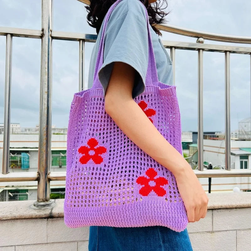 Summer Flower Knitted Shoulder Bag Large Capacity Shopping Tote