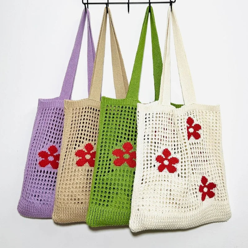 Summer Flower Handbag Women's Knitted Shoulder Bag Large Capacity Tote