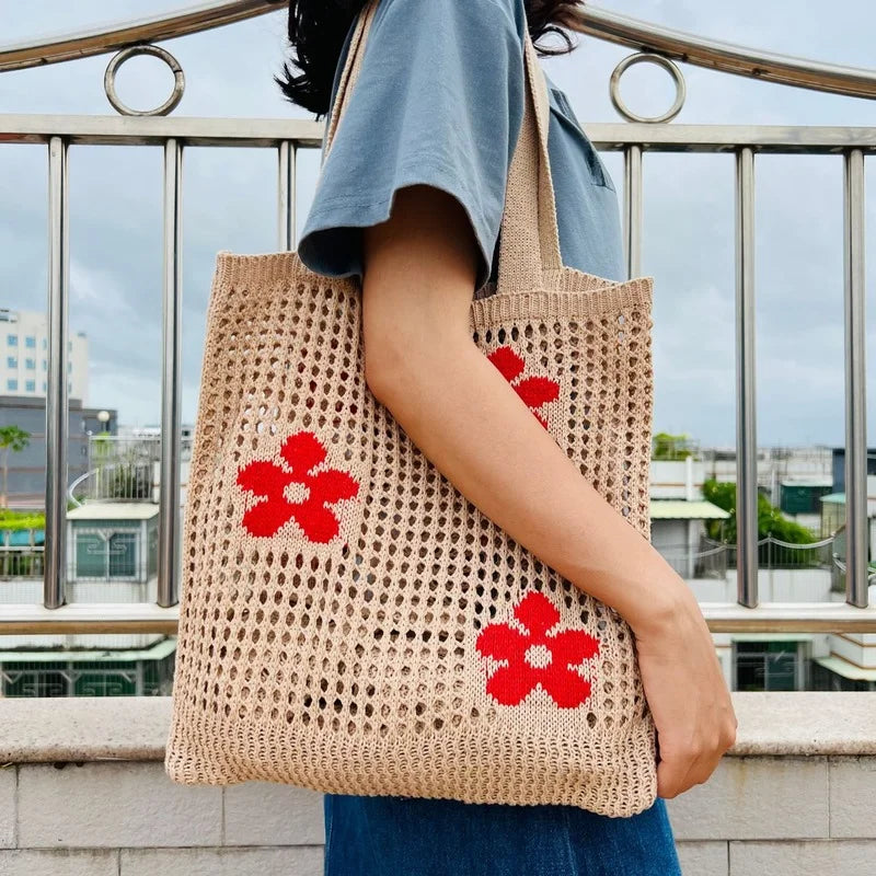 Summer Flower Knitted Shoulder Bag Large Capacity Shopping Tote