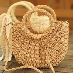 Summer Straw Beach Bag Moon Shaped Top Handle Tote Weaving Ladies Handbag