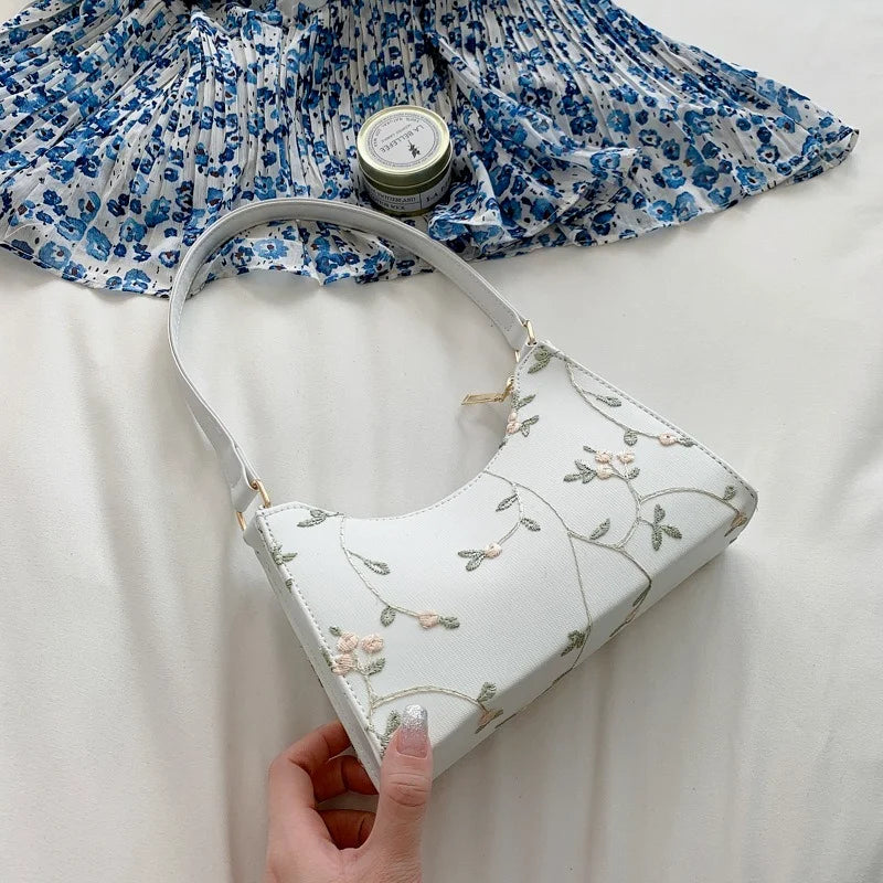 Summer Lace Floral Shoulder Bag for Women Soft PU Leather Beach Travel Handbag