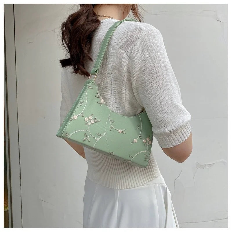 Summer Lace Floral Shoulder Bag for Women Soft PU Leather Beach Travel Handbag