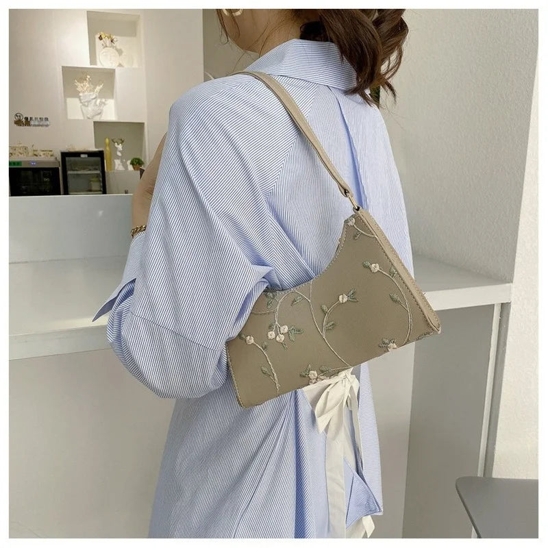 Summer Lace Floral Shoulder Bag for Women Soft PU Leather Beach Travel Handbag
